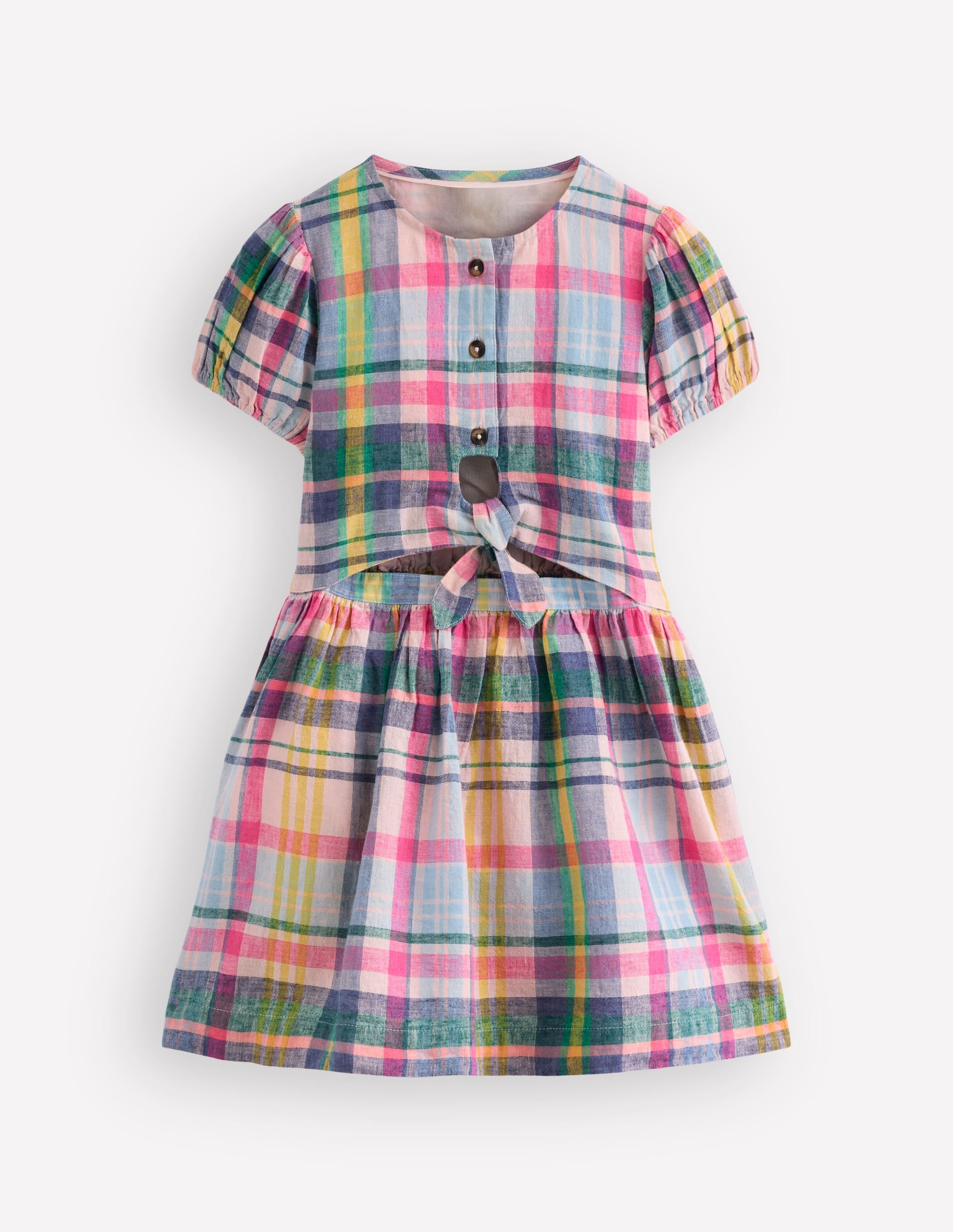 Tie Front Woven Dress-Blue, Pink and Green Check - Image 2