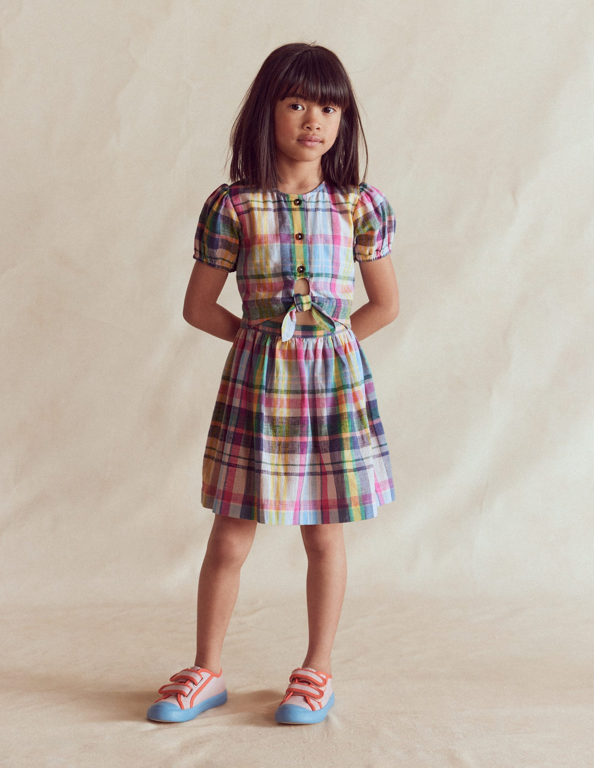Tie Front Woven Dress-Blue, Pink and Green Check-1
