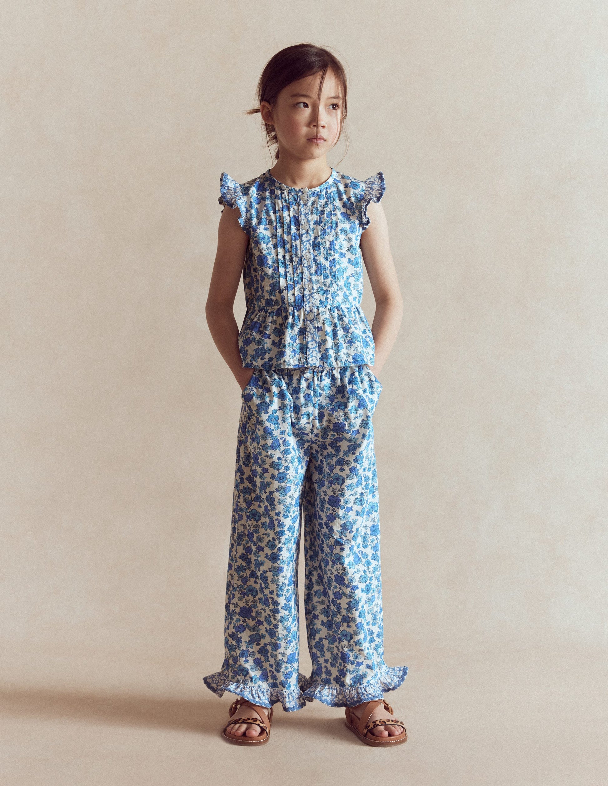 Frill Hem Trousers-Blue Floral Hotch Potch-1