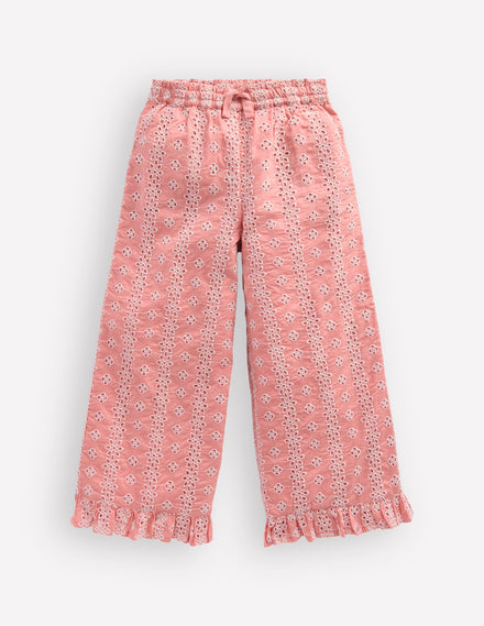 Frill Hem Trousers-Pink Broderie