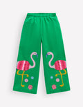 Appliqué Pull-on Trousers-Green Flamingos