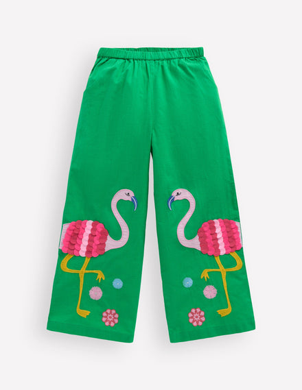 Appliqué Pull-on Trousers-Green Flamingos