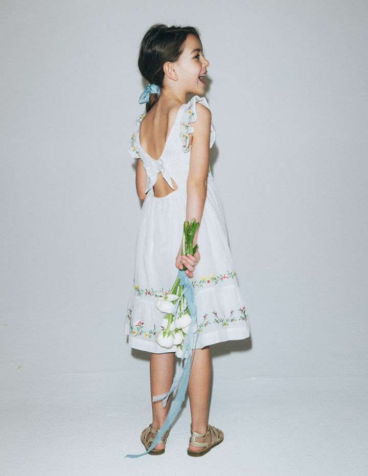 Shirred Bow Back Detail Dress-Soft Ivory