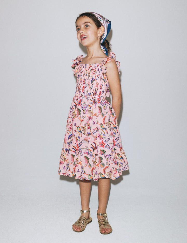 Shirred Bow Back Detail Dress-Multi Pink Floral