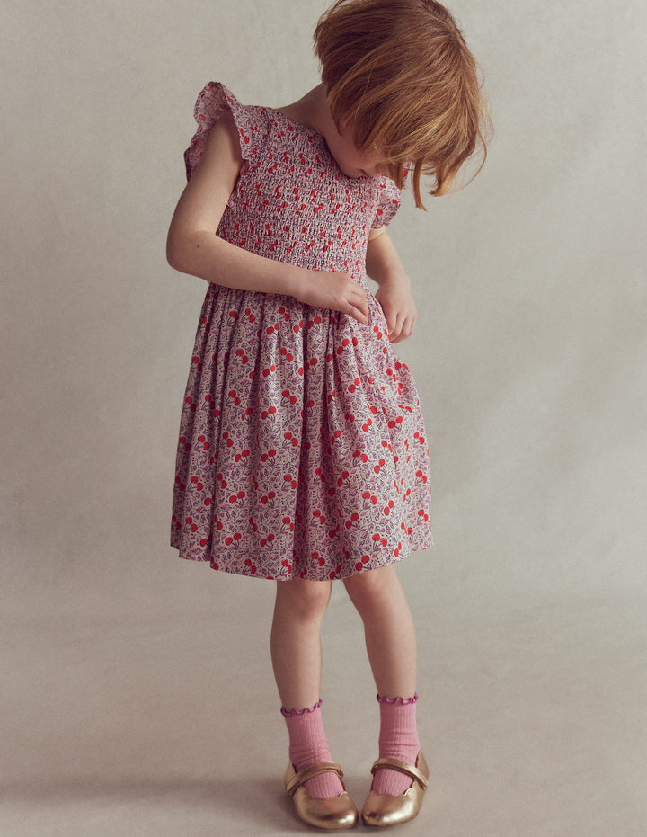 Bow Back Shirred Dress-Pink Cherries