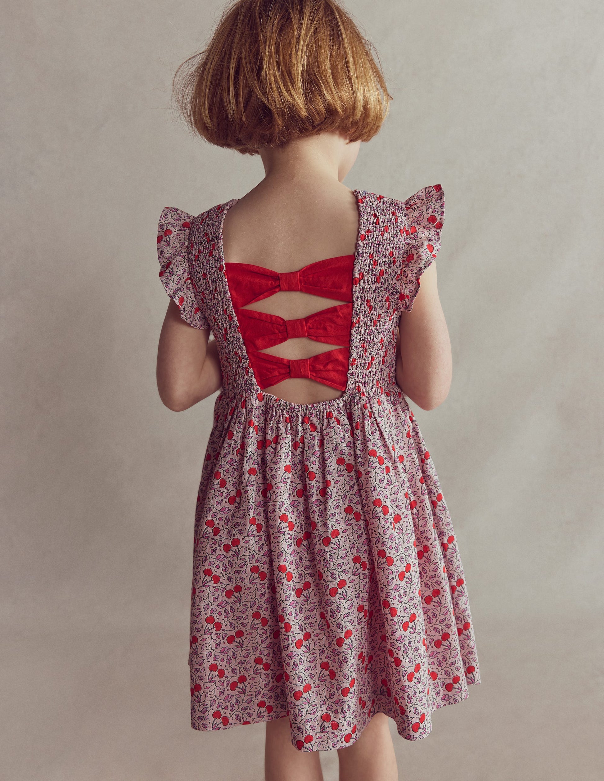 Bow Back Shirred Dress-Pink Cherries-4