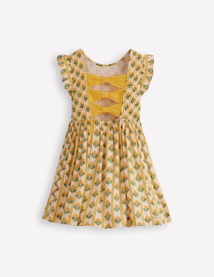 Bow Back Shirred Dress-Honeycomb Yellow Flower Stem