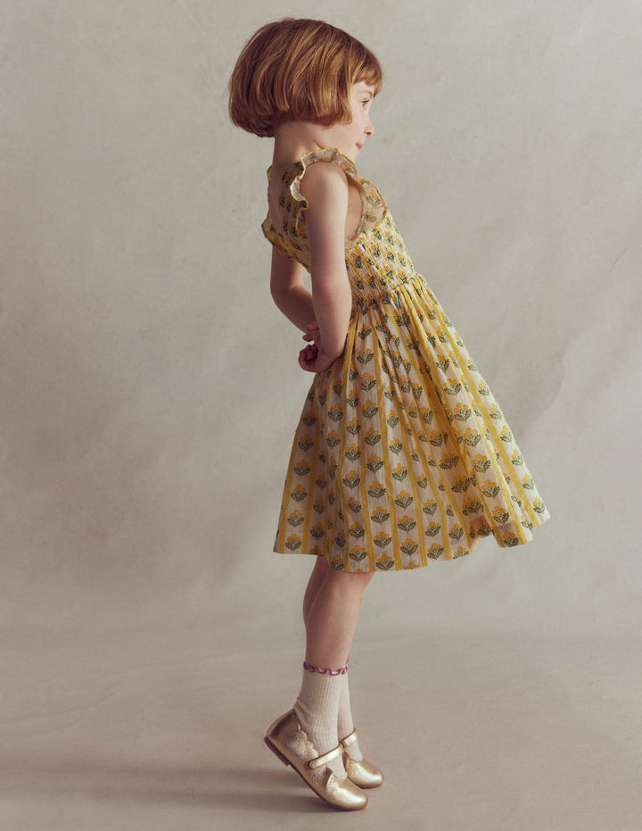 Bow Back Shirred Dress-Honeycomb Yellow Flower Stem