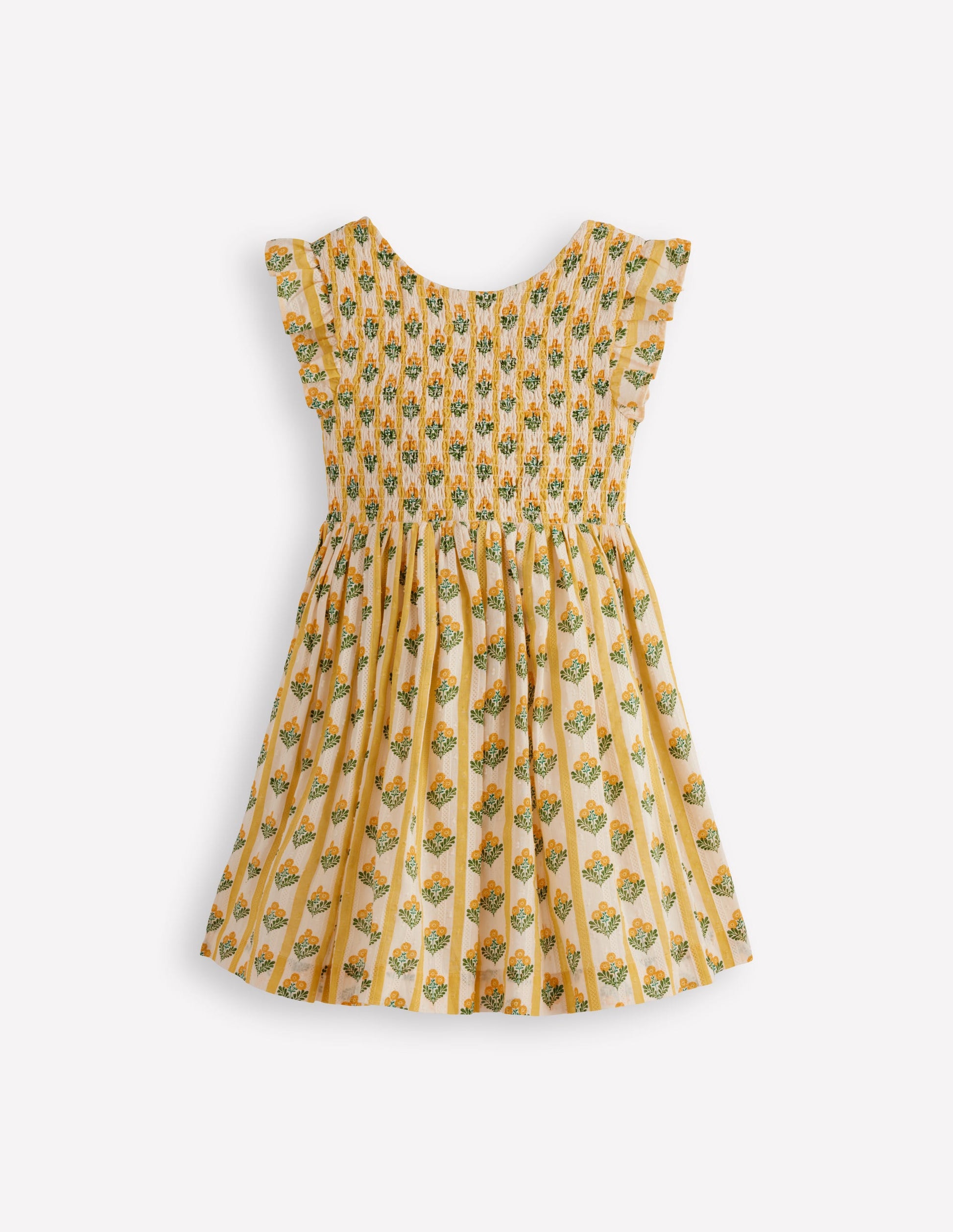 Bow Back Shirred Dress-Honeycomb Yellow Flower Stem-2