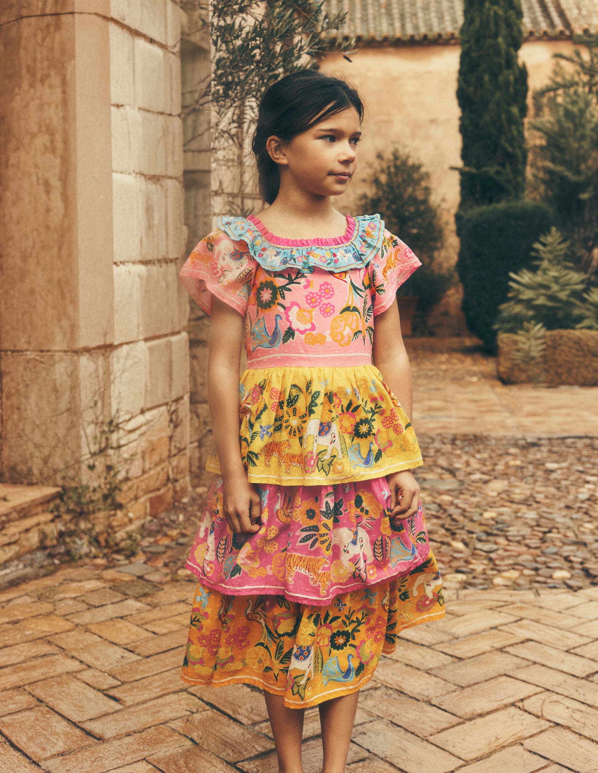 Tiered Ruffle Woven Dress-Sunflower Yellow Jungle Animal-1