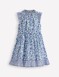 Gathered Woven Dress-Blue Sprig