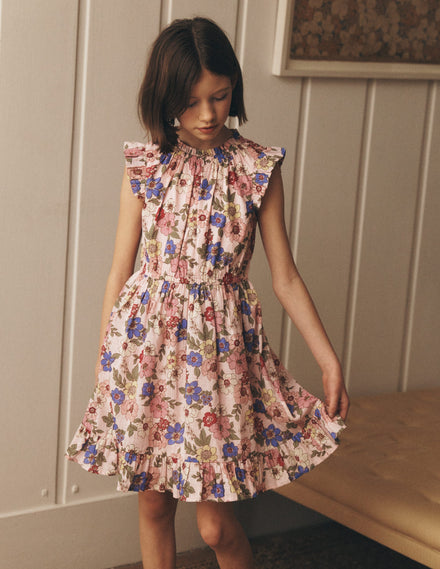 Gathered Woven Dress-Blooming Pink Floral Bloom