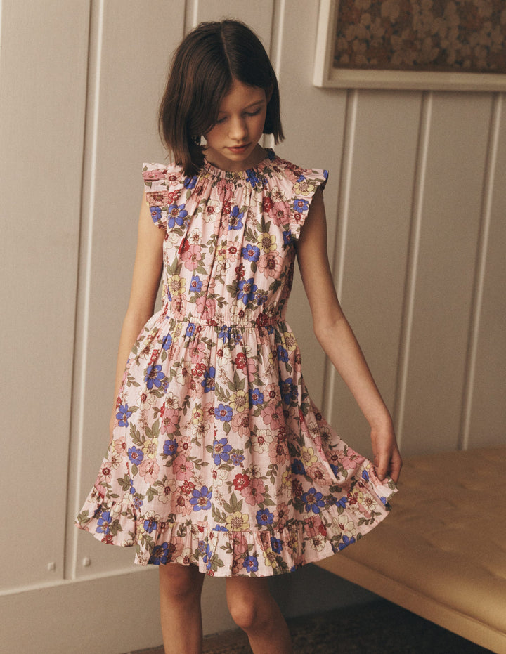 Gathered Woven Dress-Blooming Pink Floral Bloom