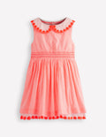 Nostalgic Broderie Dress-Neon Coral Seersucker