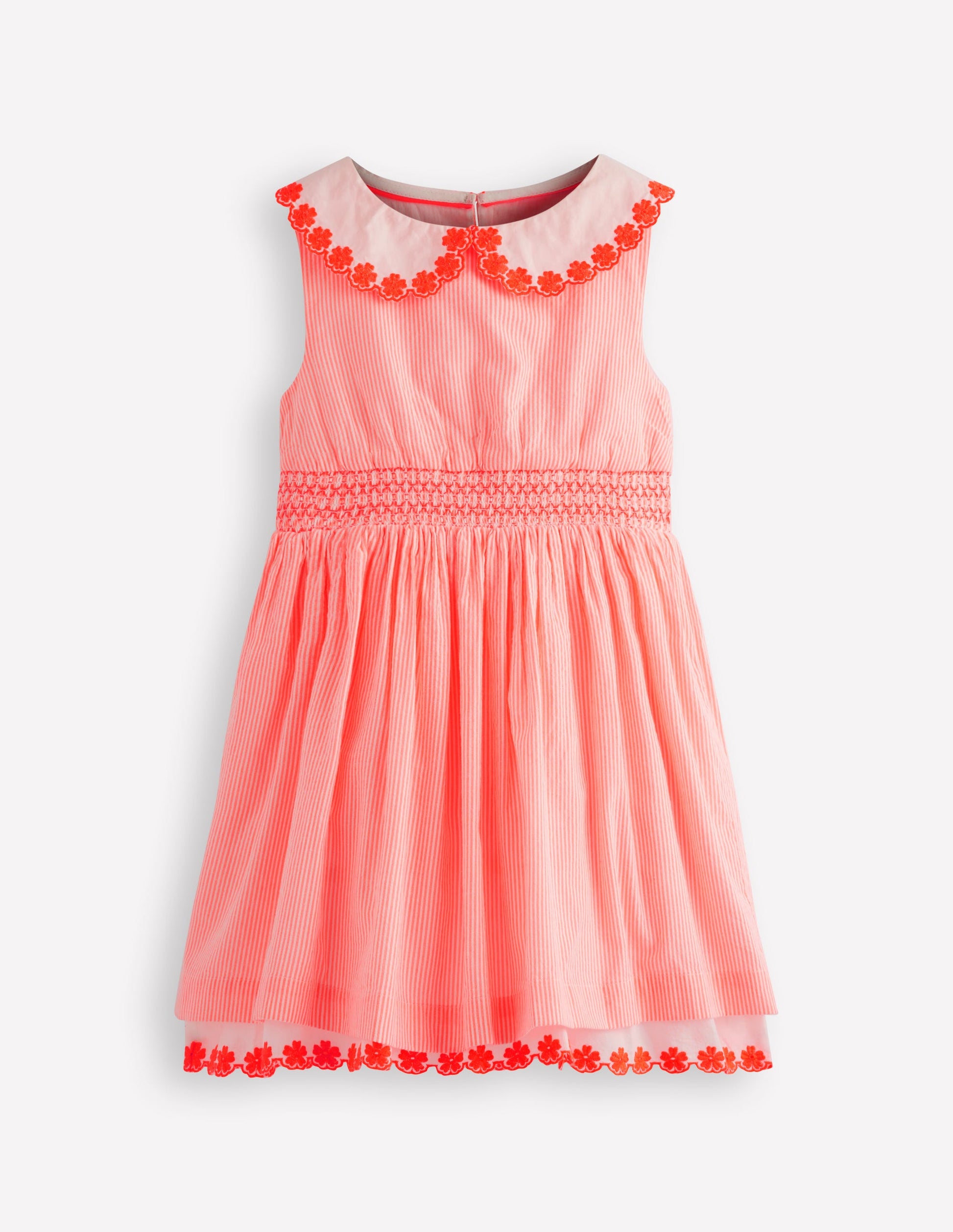 Nostalgic Broderie Dress-Neon Coral Seersucker-1