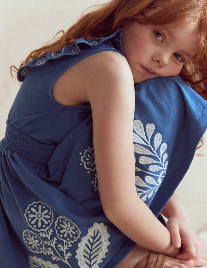 Embroidered V-back dress-Bright Blue Embroidery