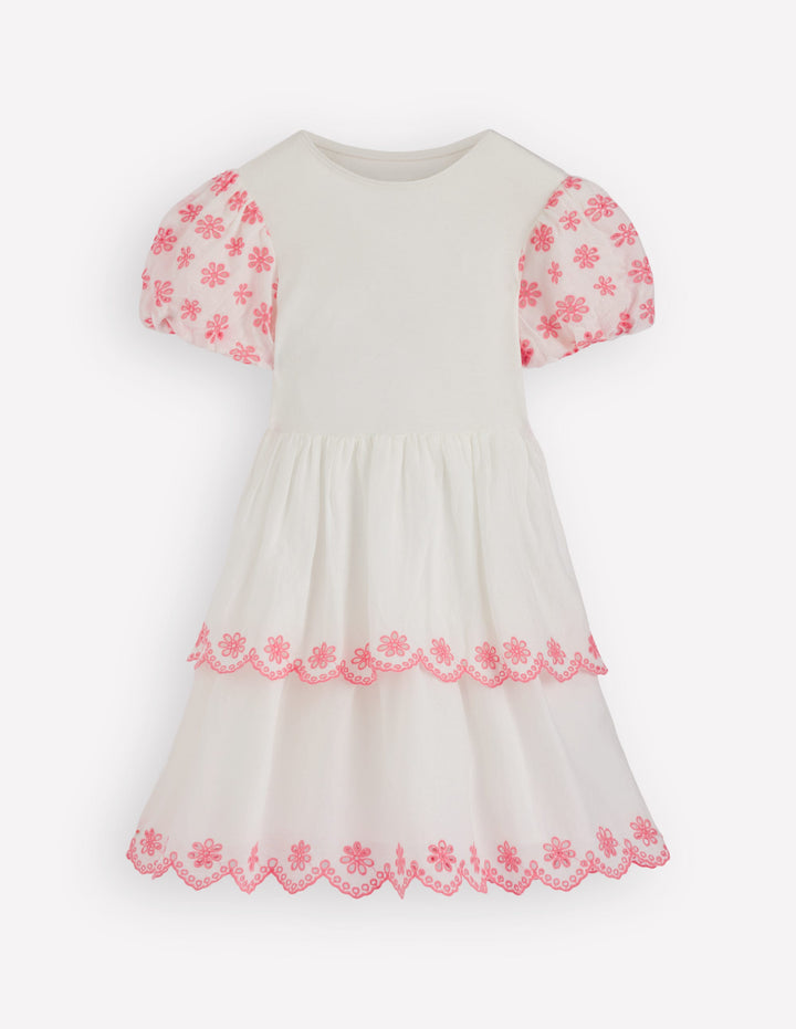 Broderie Rara Jersey Dress-Soft Ivory/ Salmon Pink