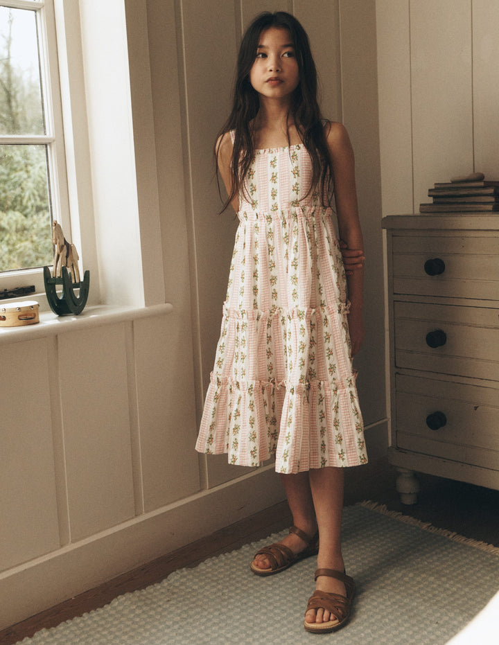 Tiered Midi Sundress-Soft Ivory Gingham Floral