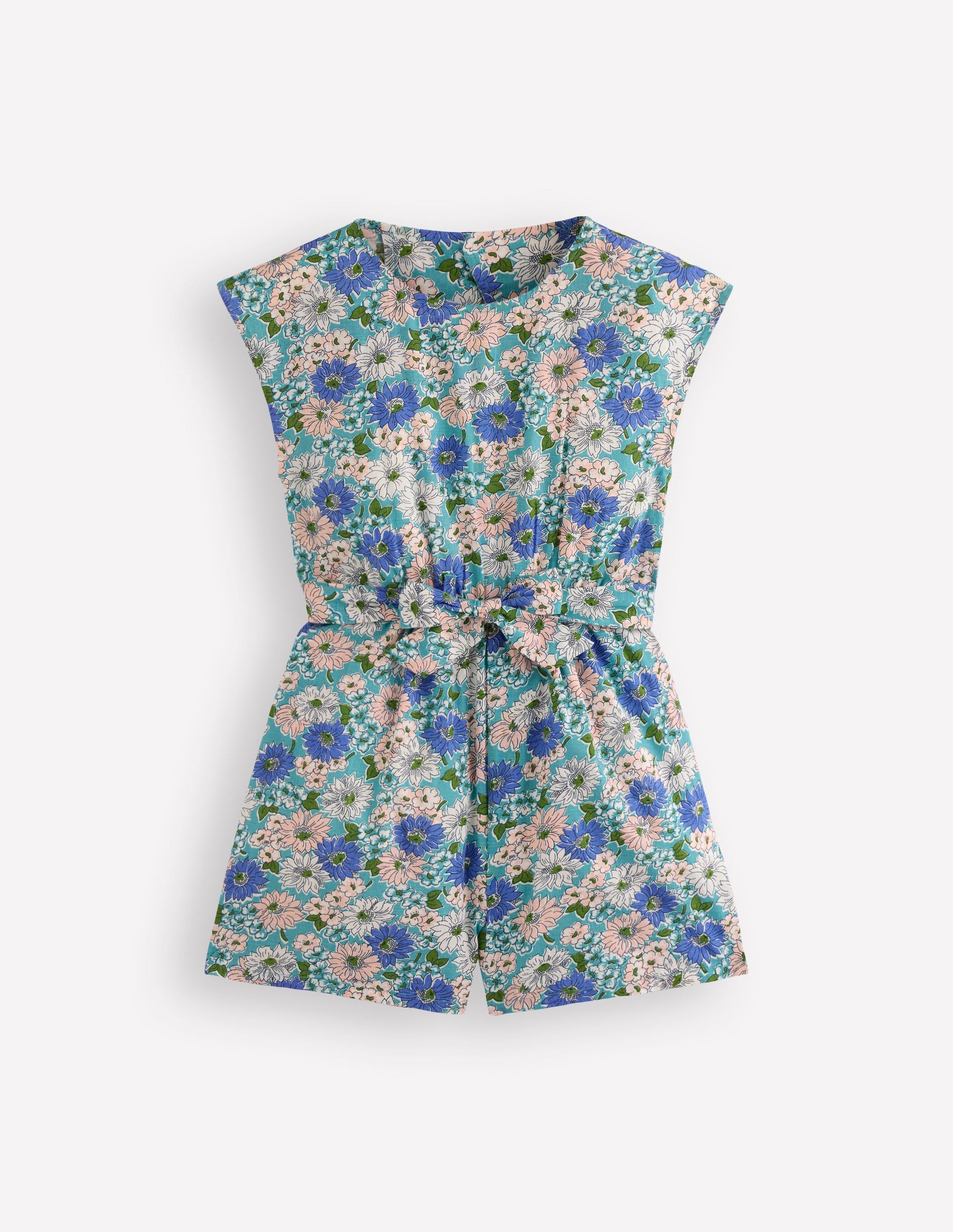 Tie Waist Woven Playsuit-Blue Floral-4