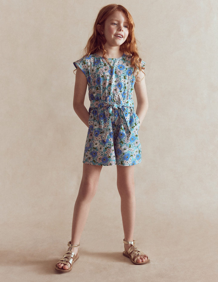 Tie Waist Woven Playsuit-Blue Floral