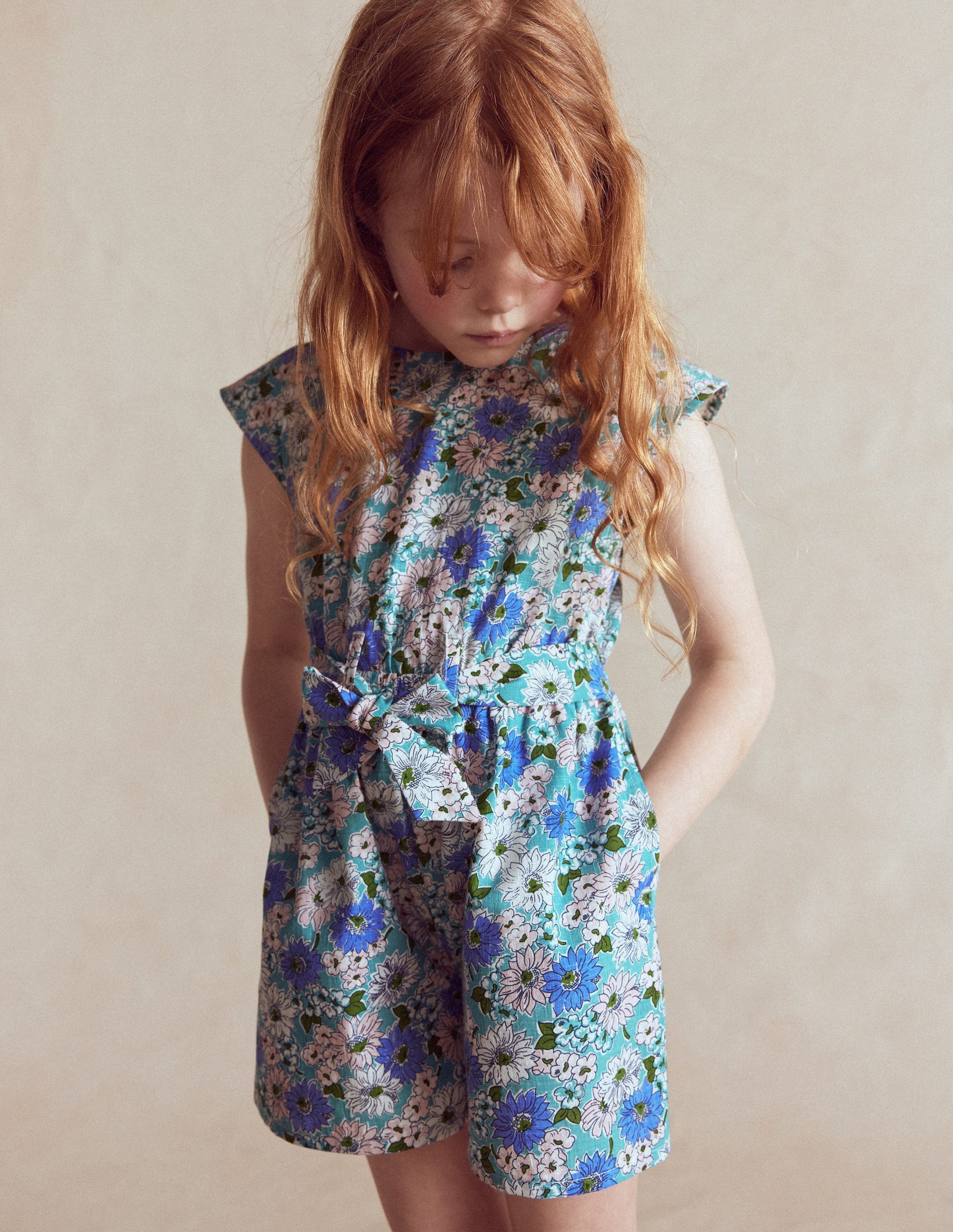 Tie Waist Woven Playsuit-Blue Floral-2