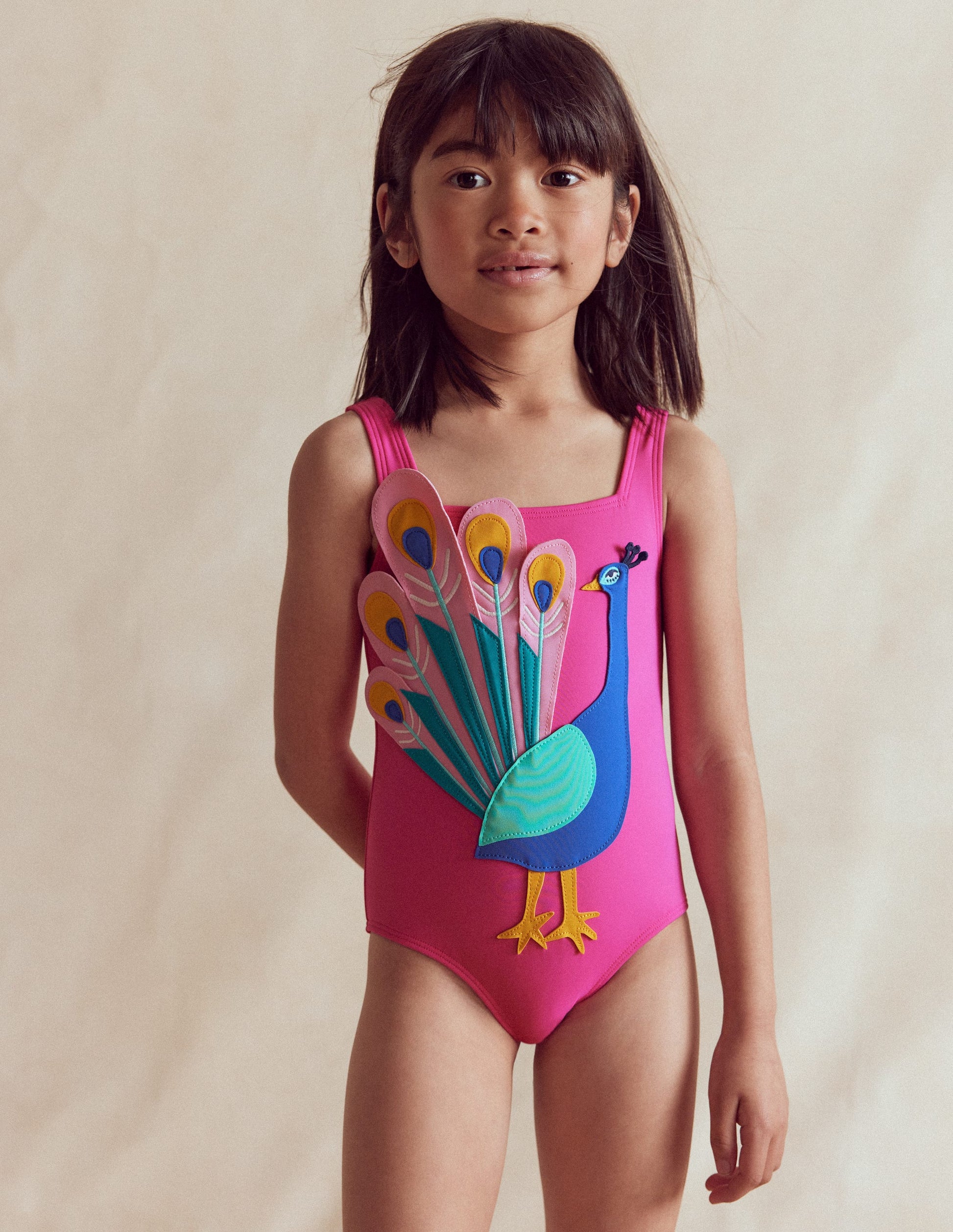 Appliqué Swimsuit-Pink Peacock-1