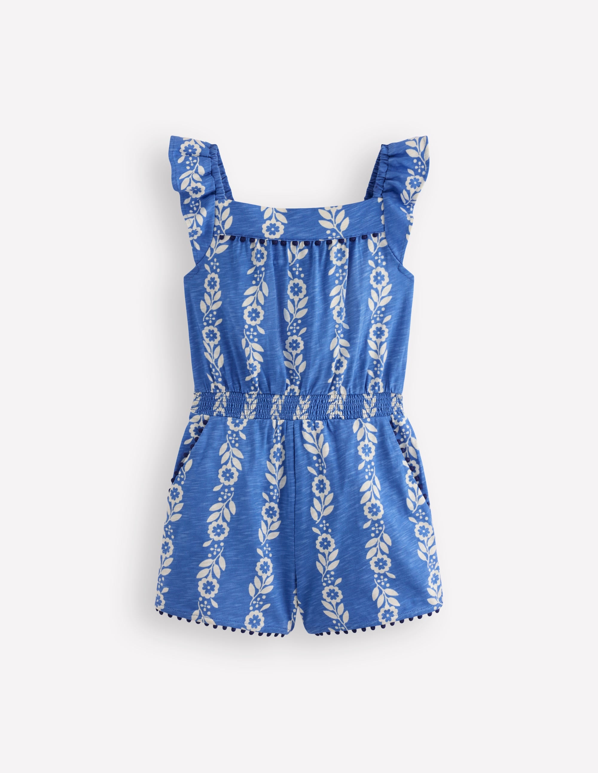 Ciara Pom Trim Jersey Playsuit-Blue Floral - Image 3