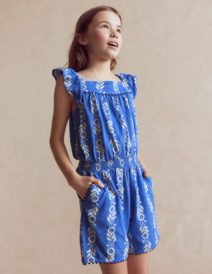 Ciara Pom Trim Jersey Playsuit-Blue Floral