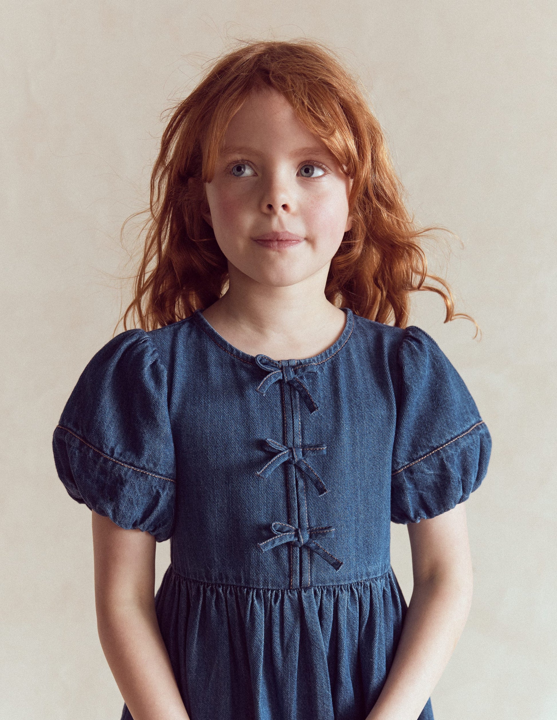 Bow Front Woven Dress-Mid Vintage Denim-1