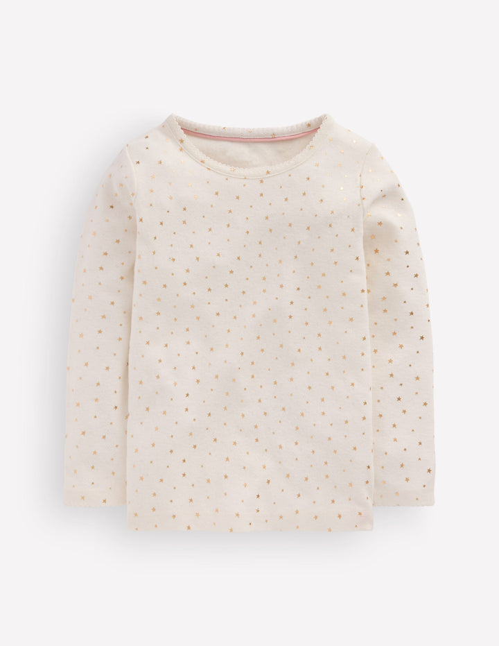 Long Sleeve Pointelle Top-Ivory Gold Foil