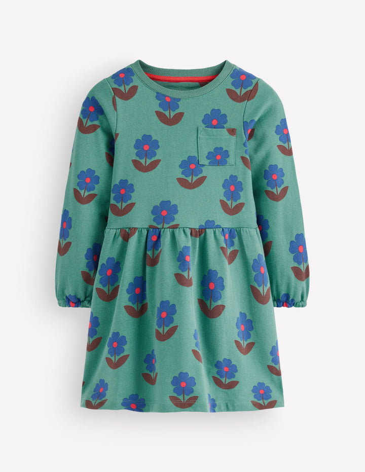 Minna Sweatshirt Dress-Green Flower Stamp