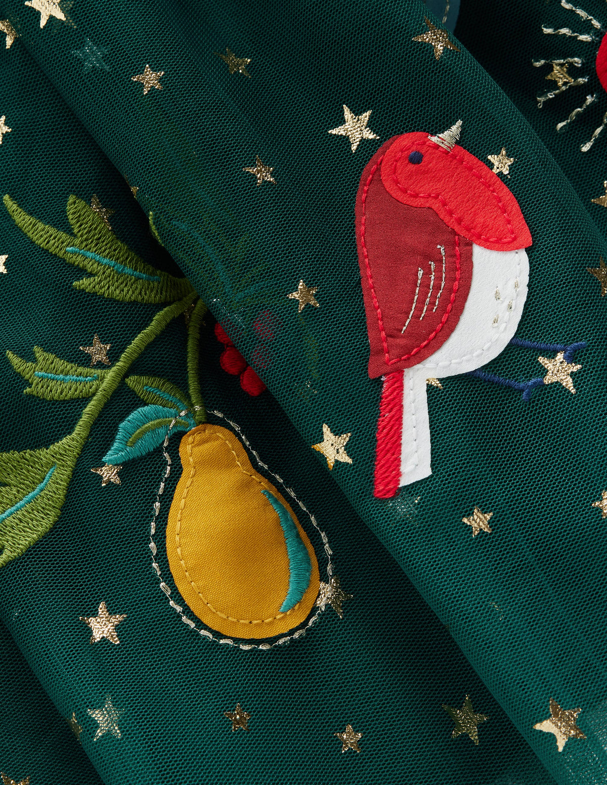 Aurora Appliqué Tulle Dress-Green Festive Robins-3