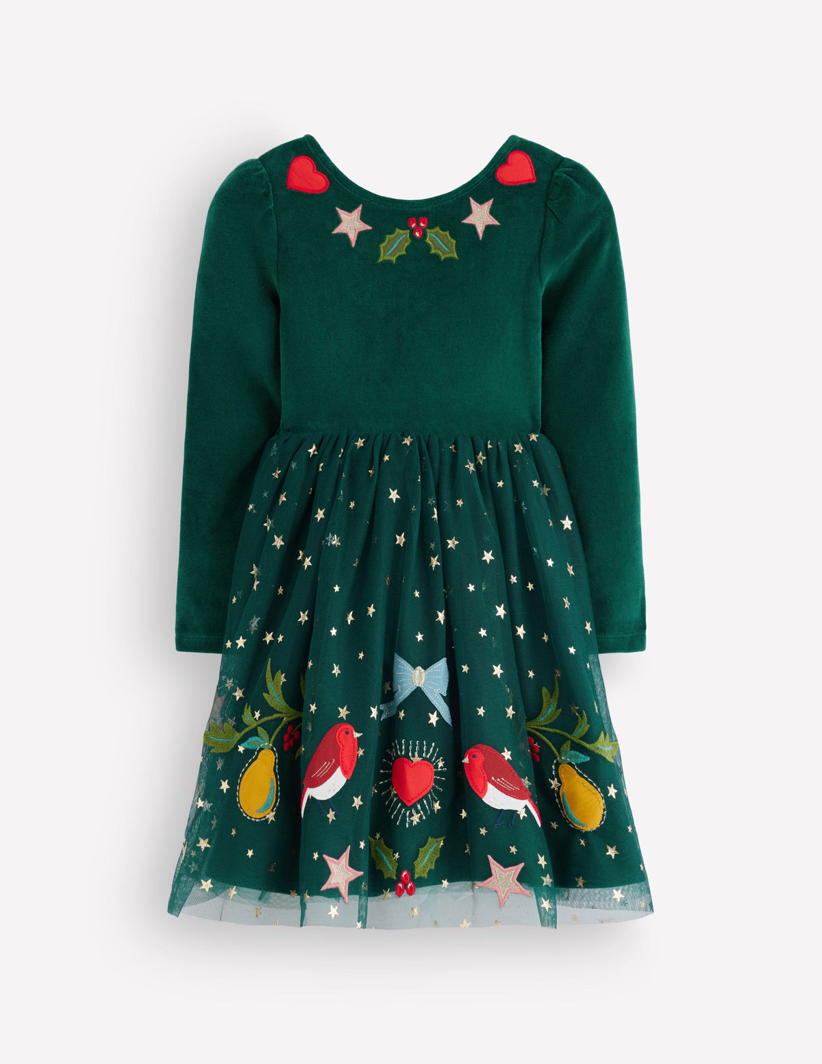 Aurora Appliqué Tulle Dress-Green Festive Robins - Image 1