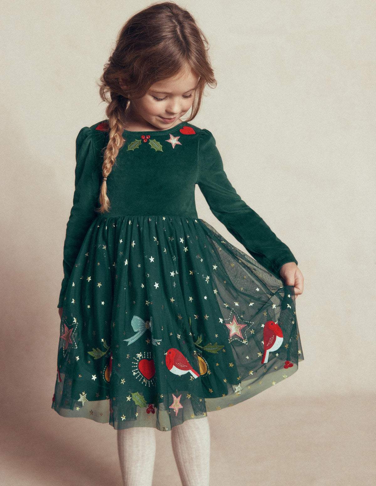 Aurora Appliqué Tulle Dress-Green Festive Robins - Image 1
