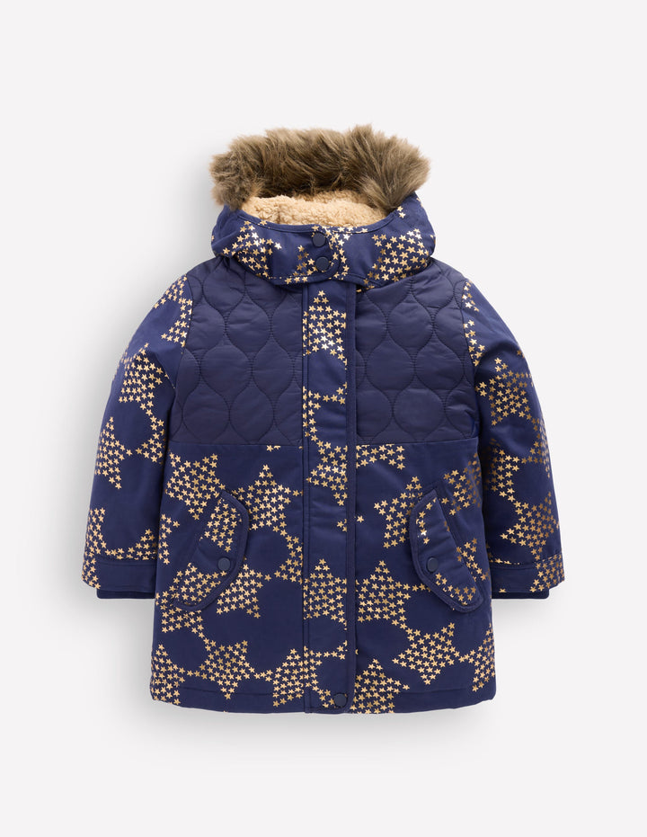 Joni Quilted Parka Coat-College Navy Foil Star