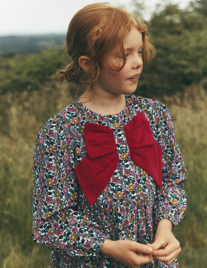 Norah Button-through Bow Dress-Floral Corduroy