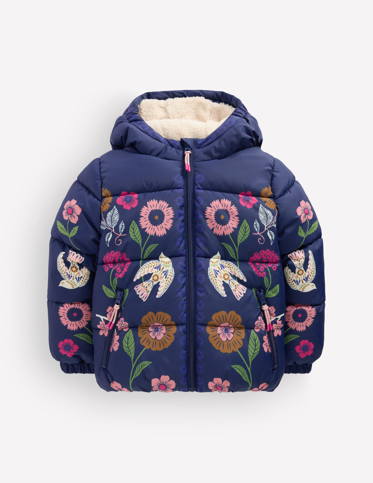Fun Padded Coat-Navy Bird Placement Print-5
