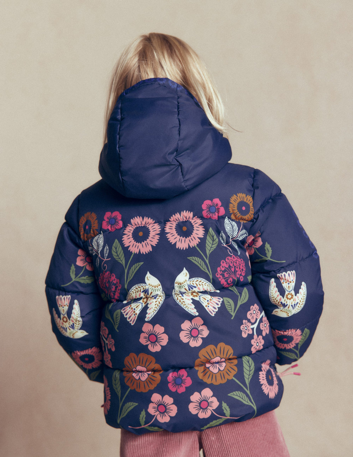 Fun Padded Coat-Navy Bird Placement Print-3