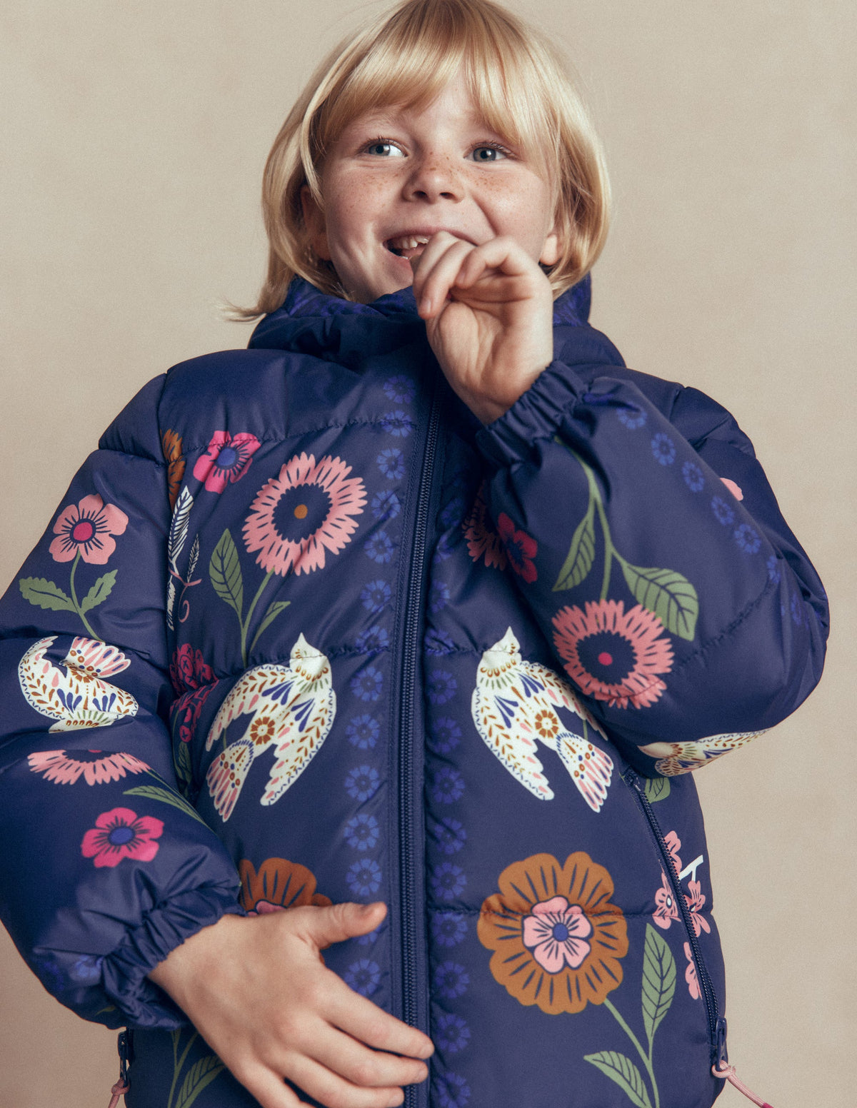 Fun Padded Coat-Navy Bird Placement Print-4