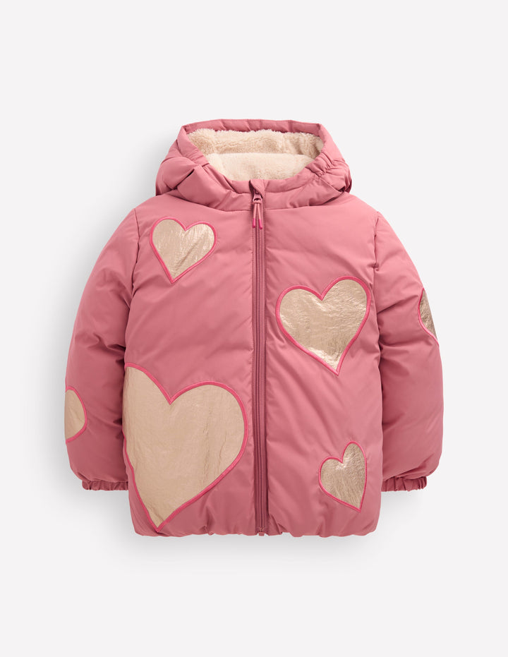 Fun Padded Coat-Pink Applique Metallic Hearts
