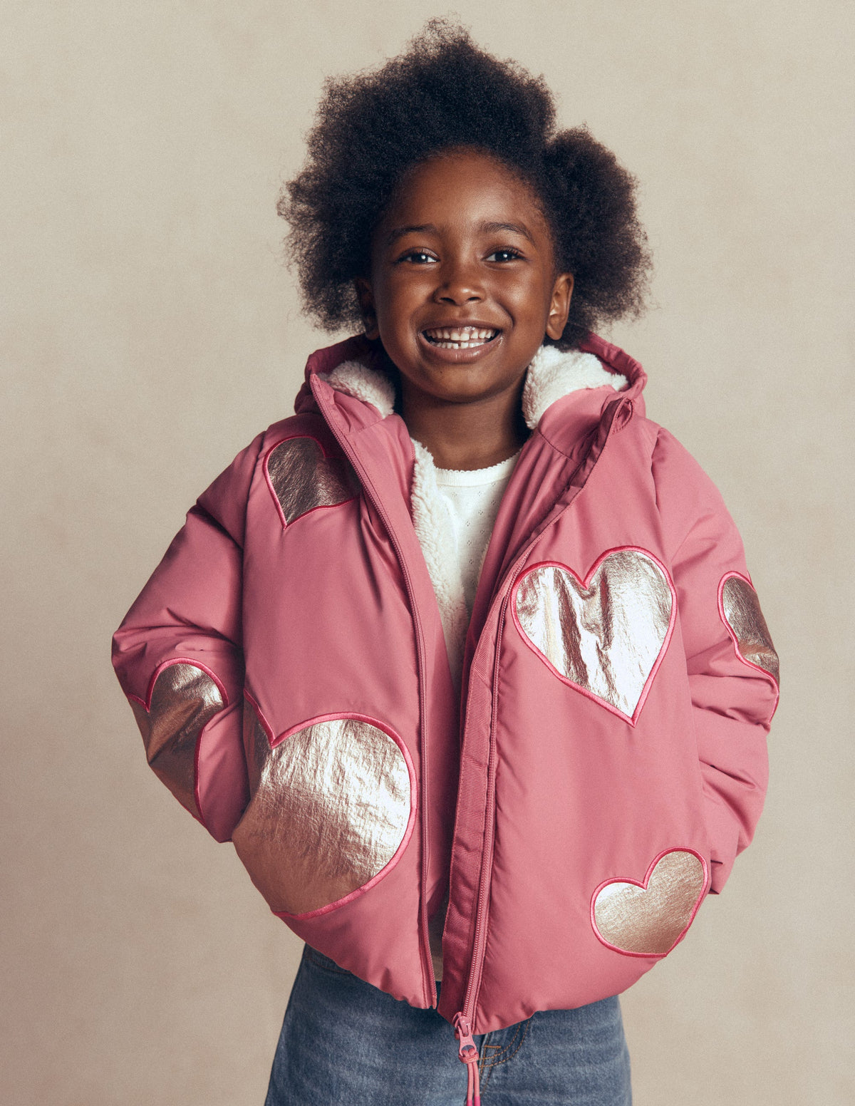 Fun Padded Coat-Pink Applique Metallic Hearts - Image 1