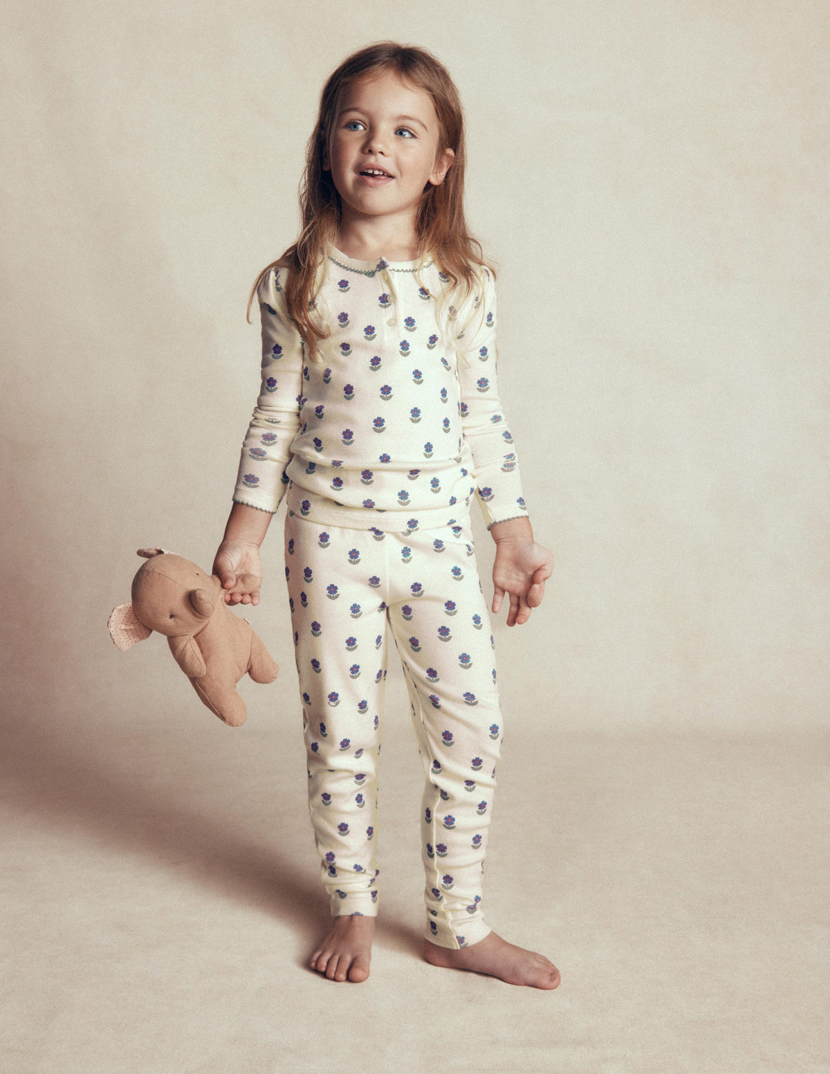 Snug Henley Pyjamas-Ivory Floral - Image 1