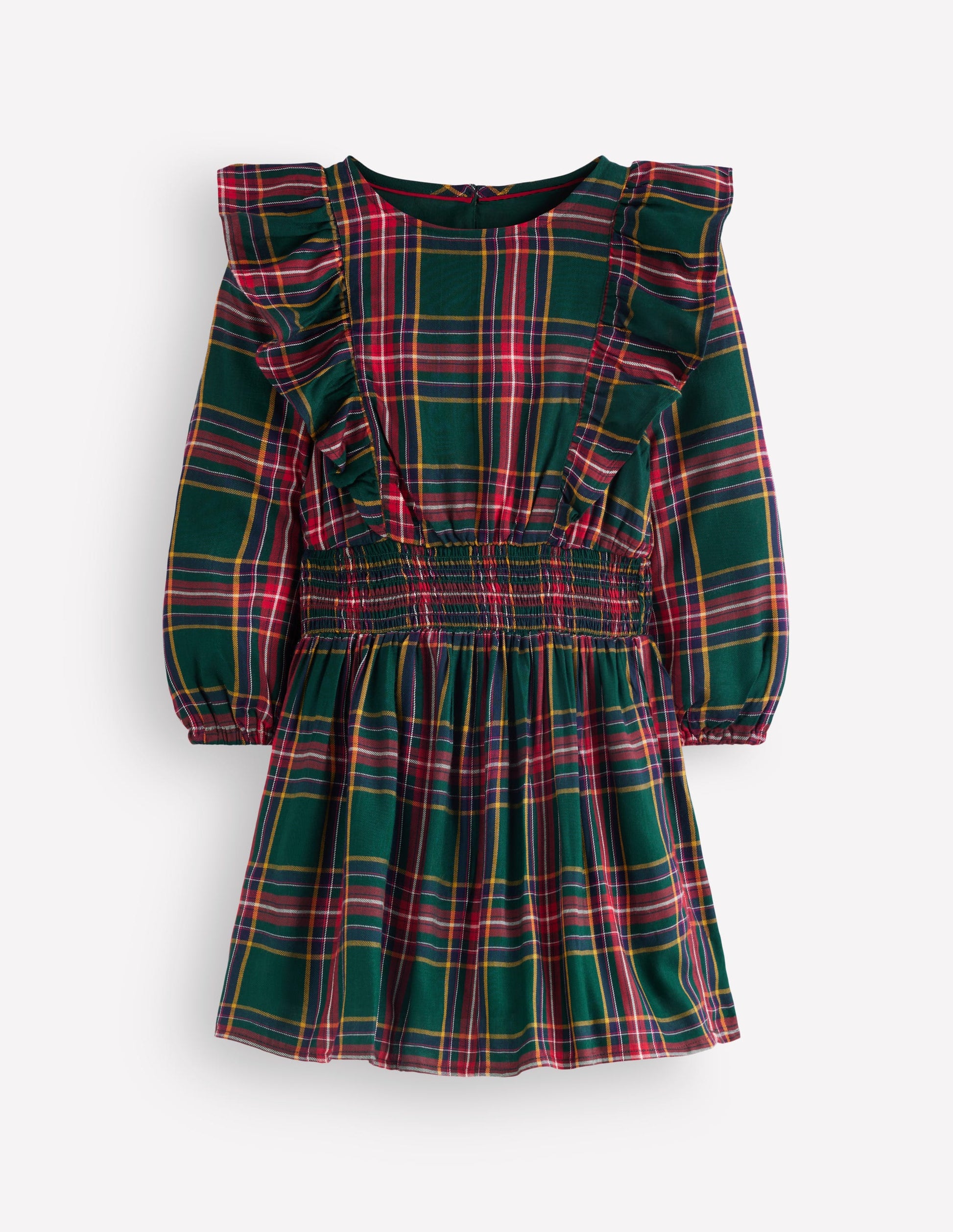 Shirred Drop Waist Dress-Green/ Red Check-7