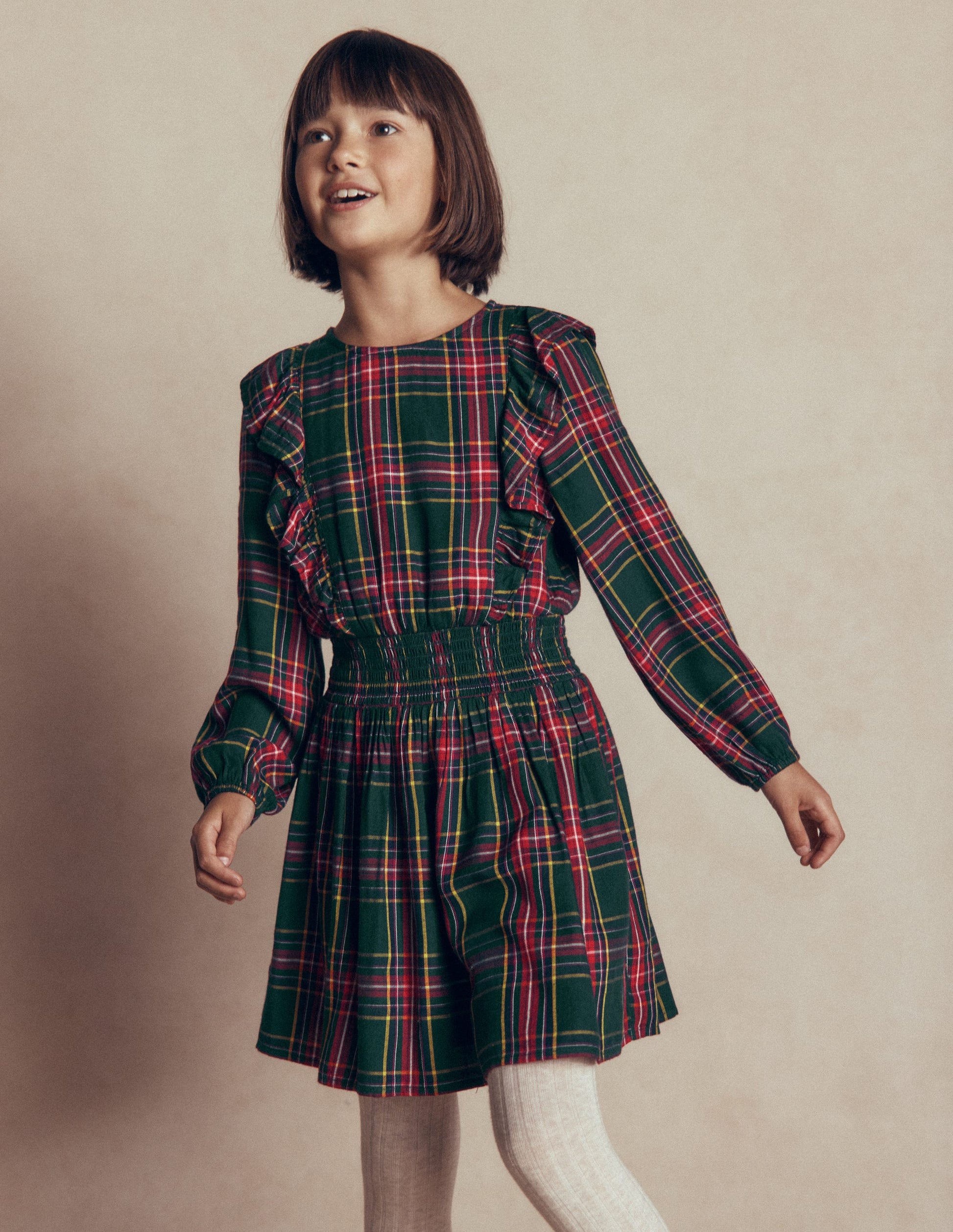 Shirred Drop Waist Dress-Green/ Red Check-2