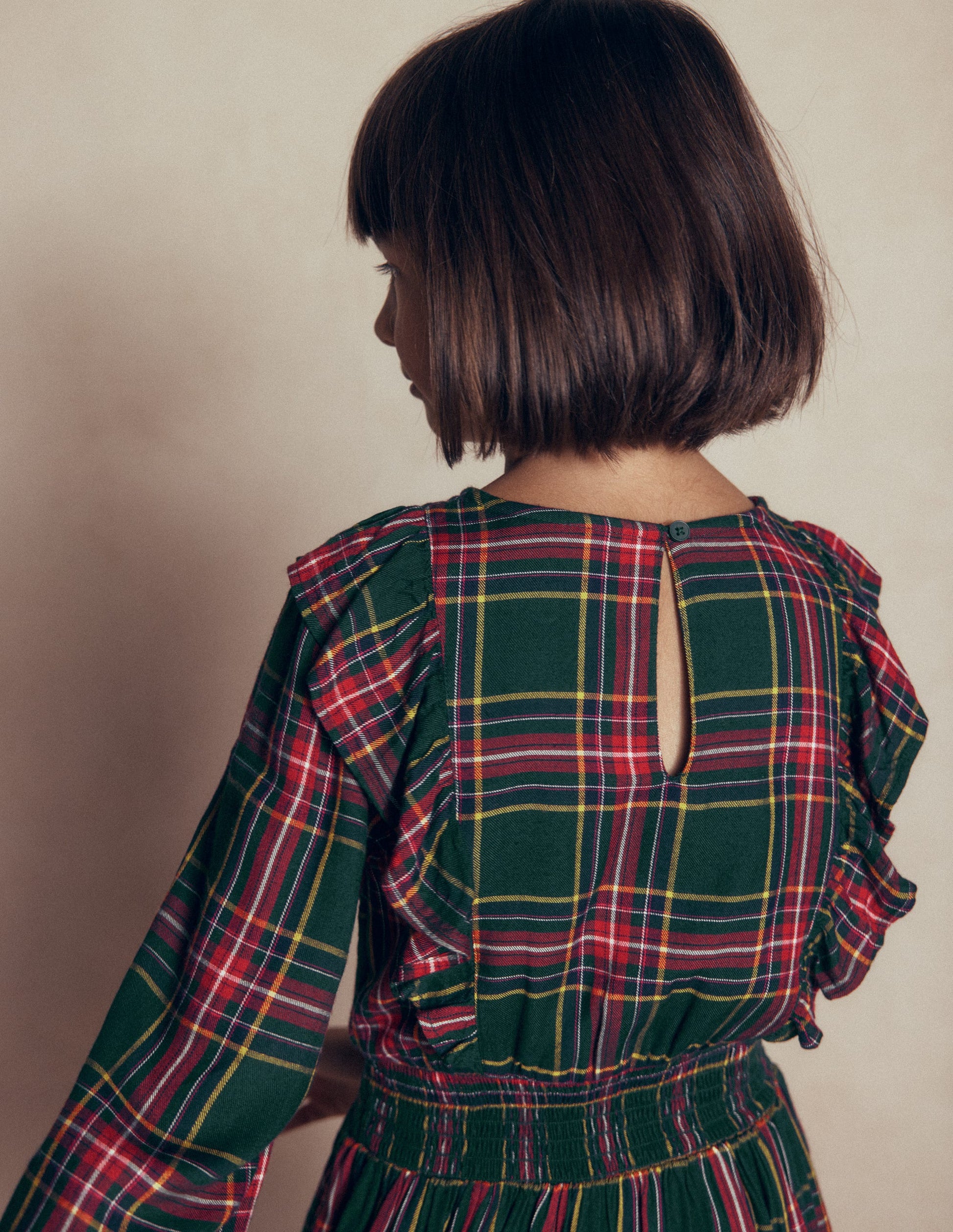 Shirred Drop Waist Dress-Green/ Red Check-4