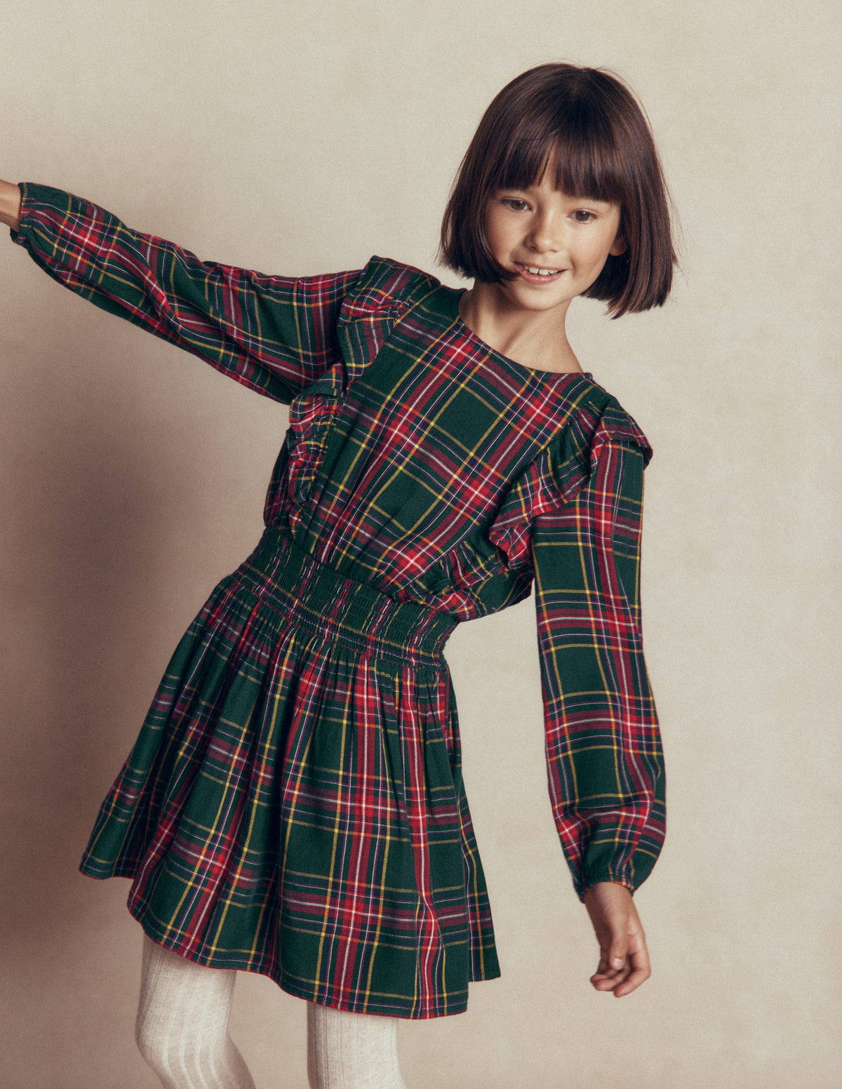 Shirred Drop Waist Dress-Green/ Red Check-4