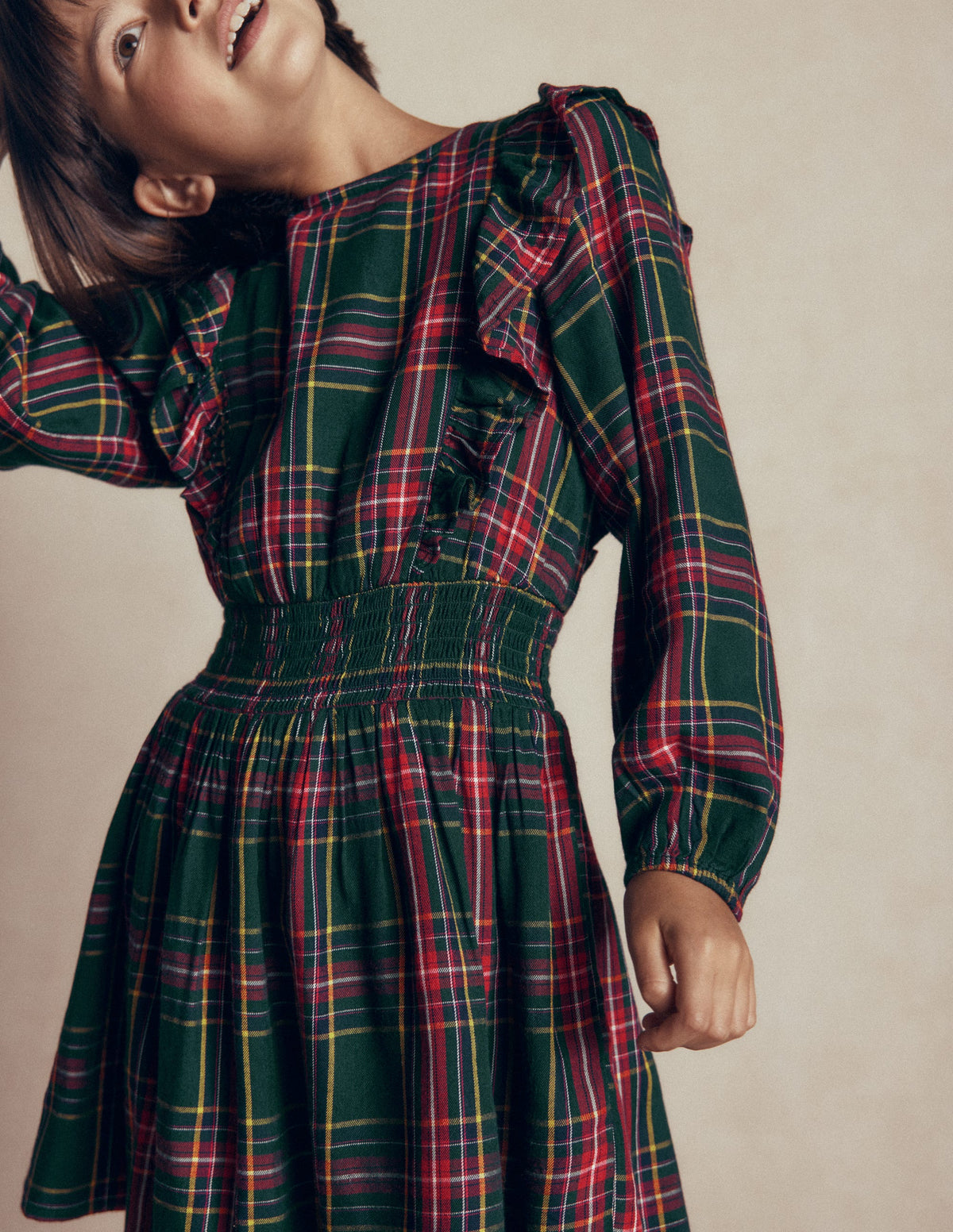 Shirred Drop Waist Dress-Green/ Red Check-5