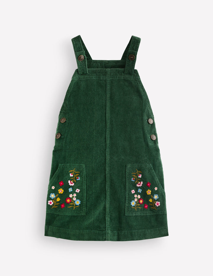 Adeline A-Line Dungaree Dress-Green Floral Corduroy