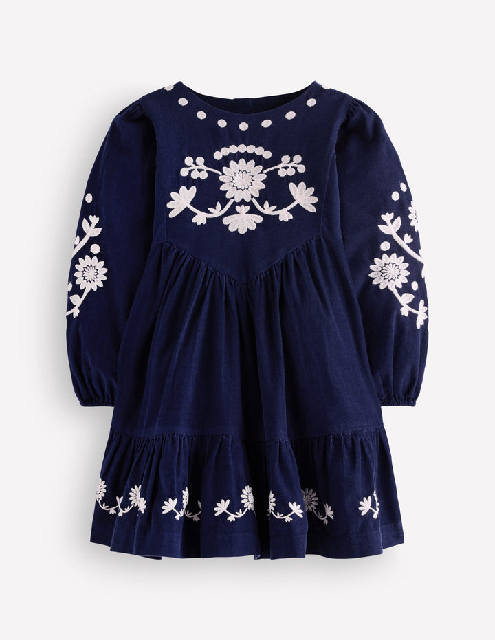 Celia Wing Sleeve Dress-Navy Corduroy Embroidery