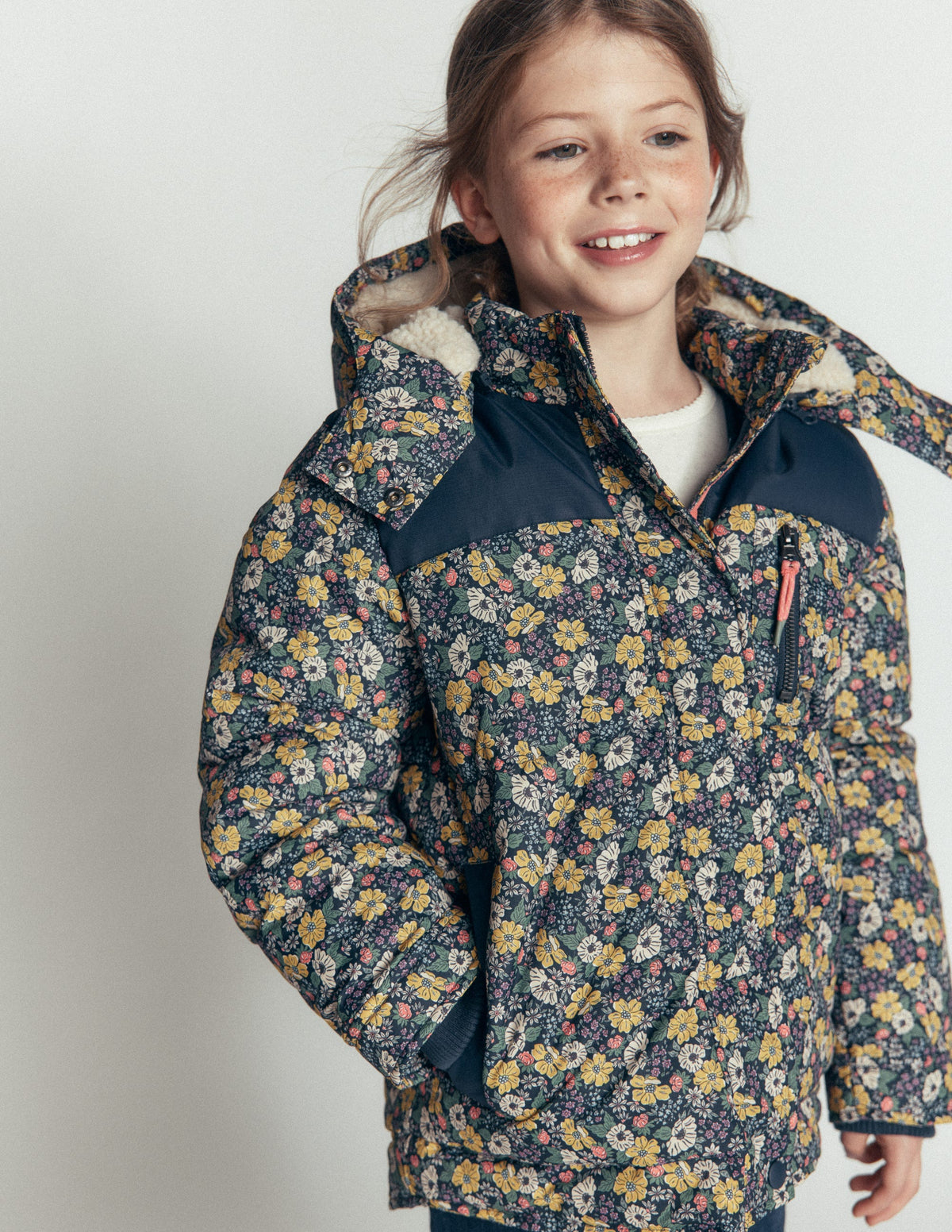 Borg Lined Puffer Coat-French Navy Mixed Flowerbed-1